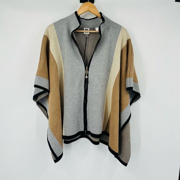 NWOT Anne Klein Poncho Sweater Zip-Front Colorblock Gray Tan Womens Small/Medium - Picture 1 of 8